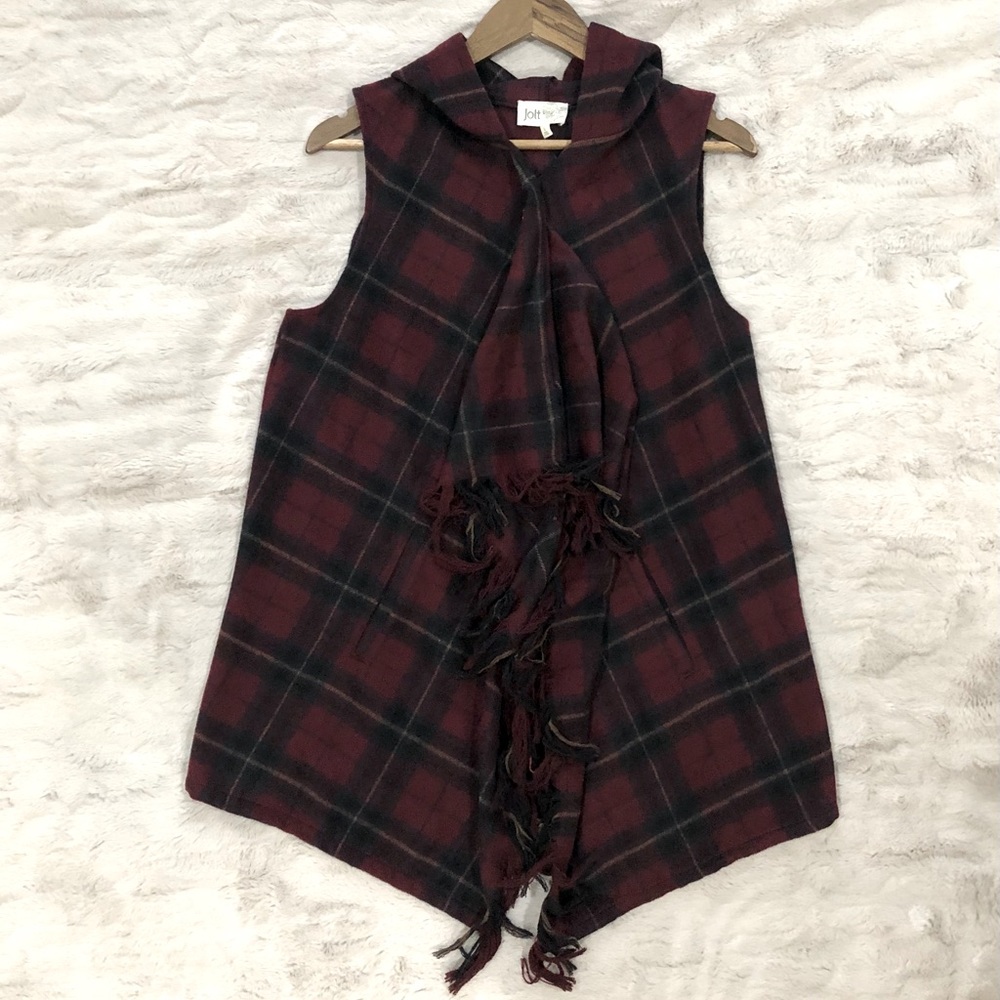 Jolt Sleeveless Hooded Plaid Vest in Burgundy and Black
